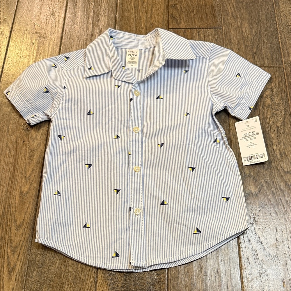 Carter's Blue Striped Button-Down Shirt with Sailboat Pattern‎
